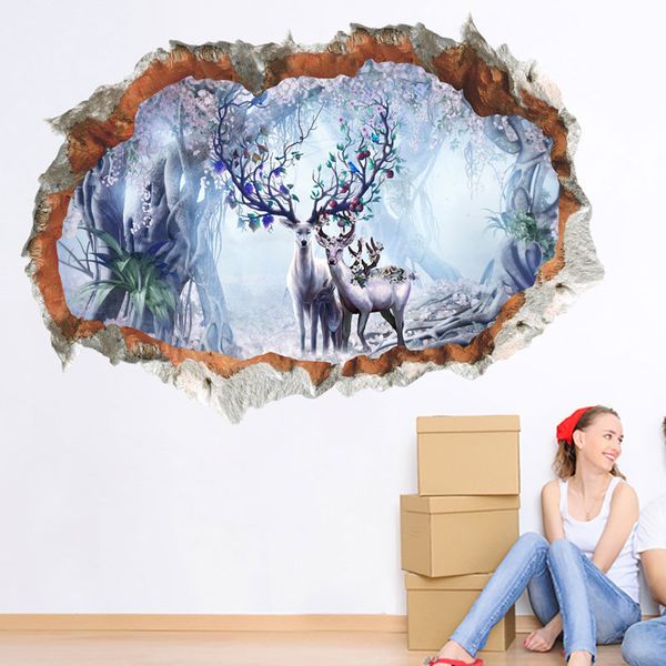 

3d sika deer playground broken wall hole window view home decals wall sticker for room sports decor mural