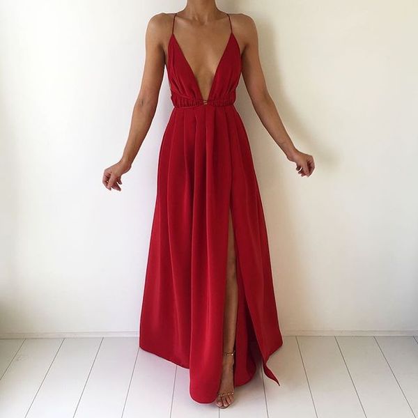 

v-neck spaghetti straps prom dresses front split evening dresses 2016 simple summer party gowns long custom made bo8985, Black;red