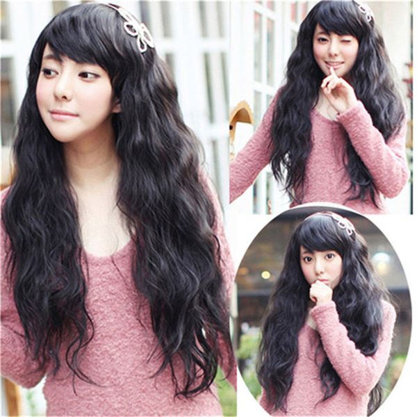 

woodfestival fluffy corn curly wig long black brown synthetic wigs girls heat resistent fiber hair oblique bangs 3 colors women