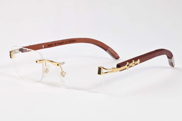 

mens rimless sun glasses for women new fashion sport sunglasses pure wood eyeglass stand black red blue brown clear lenses come with boxes, White;black