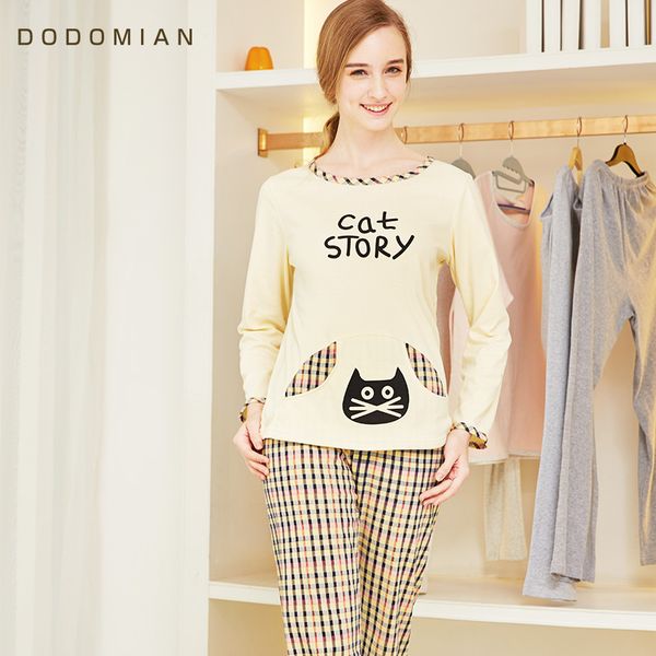 

wholesale- spring woman pajama set cotton nightwear femal bottom suit casual +pants lounge cat pajamas+plaid pants -xl, Black;red