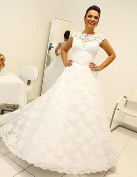 

2 pieces detachable skirt wedding dresses cap sleeve jewek neck full lace removable skirt bridal gowns custom made, White