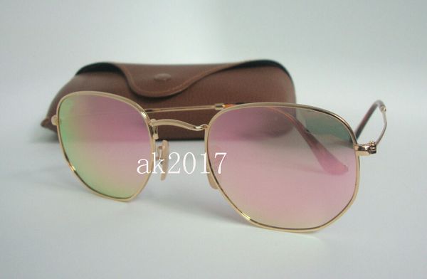 

1pair woen hexagonal metal ungla e irregular per onality un gla e gold frame pink mirror gla len e 48mm with brown ca e