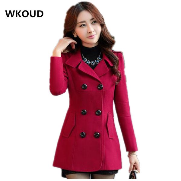 

wholesale-wkoud women woolen coats winter trench coat fashion solid double breasted overcoat turn-down collar slim outerwear c8103, Tan;black