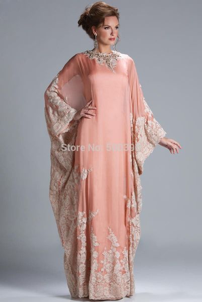 

2019 Newest Women Formal Gown Arrival Dubai Caftan Coral Color Applique Lace Chiffon Arabic Evening Dress Prom Dresses Custom Made