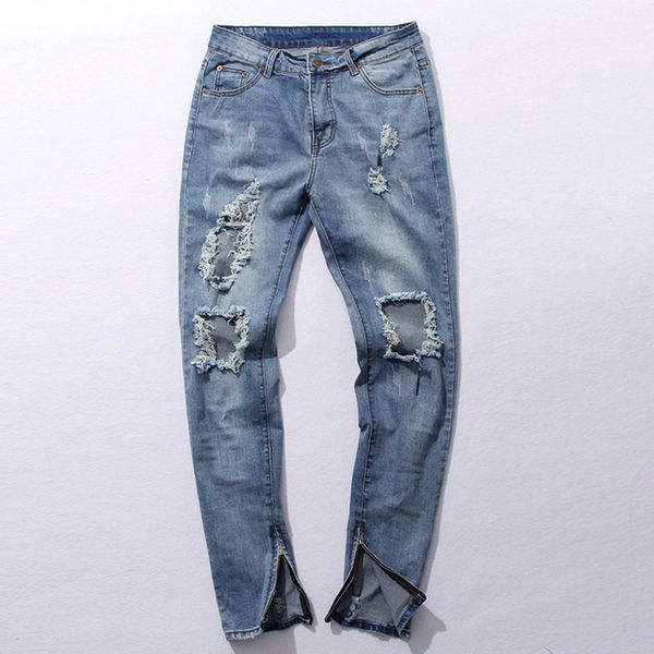 

wholesale-new hi-street men's blue ripped jeans men plus size 30-36 fashion male distressed skinny jeans destroyed denim jeans pants