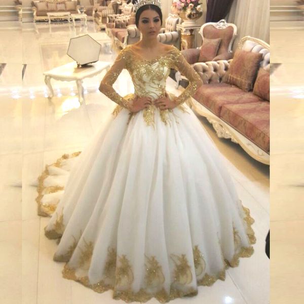 Ouro e Marfim Espartilho Branco Vestidos de Casamento Sheer Colher Pescoço Ilusão Mangas Compridas Frisada Rendas Apliques Brilhantes Inchados Vestidos De Noiva