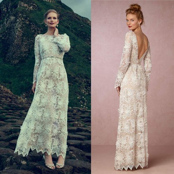 

bhldn 2017 оболочка пляж свадебные платья с длинным рукавом спинки полный кружева свадебные платья длиной до пола кристалл старинные дешевые, White