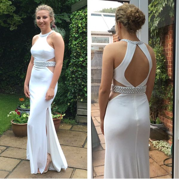 

halter white long evening dresses pearls elegant spandex formal dresses leg slit open back evening gowns girls graduation dresses, Black;red