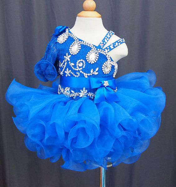 

one shoulder half sleeves blue lace beads bow flower girls cupcake little girls pageant dresses kids toddler glitz prom infant ball gowns, White;red