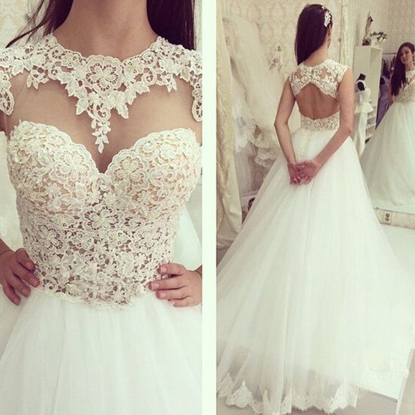 

sheer wedding dresses open back wedding dress pearls beads lace appliques tulle bridal gowns see through top, White