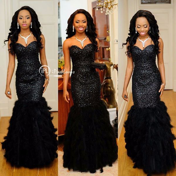 

luxury feather beaded sequins prom dresses sweetheart back lace up tulle black girl formal evening party gowns mermaid vestidos de festa