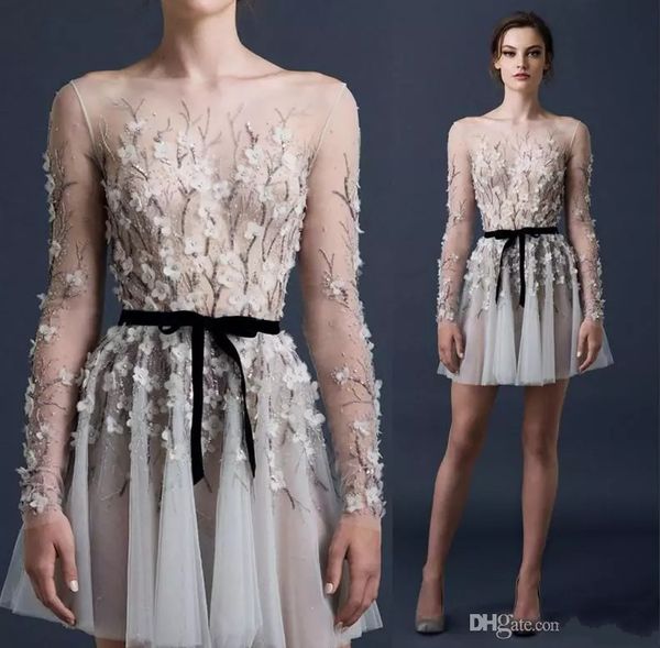 

paolo sebastian 2017 cocktail dresses long sleeve 3d-floral appliques a line party gowns bateau neck beaded illusion bodice prom dress, Black