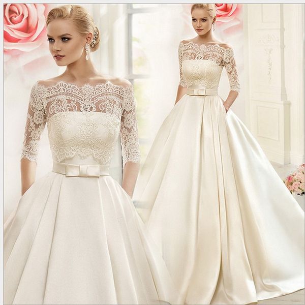 

2020 princess ball gown satin wedding dress with lace wrap off shoulder romantic vestido de noiva, White