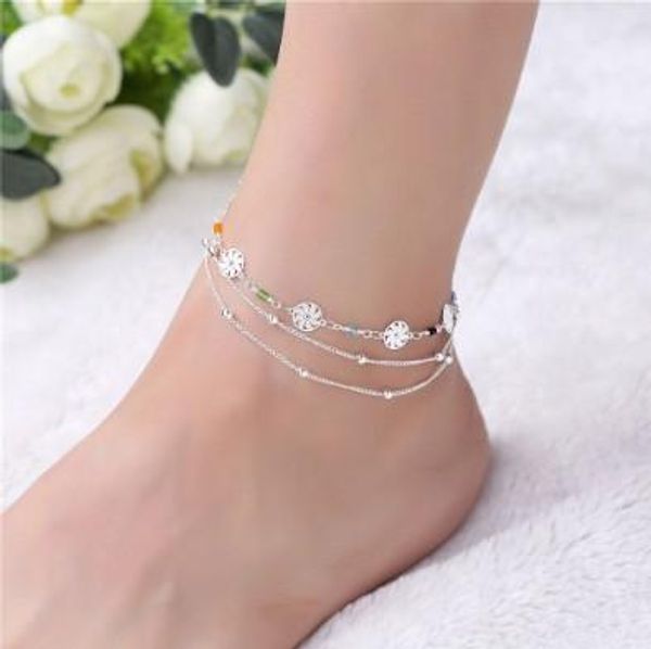 

chic flower beading ankle chains s925 sterling silver multi layer handmade ankle bracelets ankle chain barefoot sandals womens anklet, Red;blue