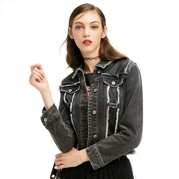 

wholesale autumn winter women black ripped loose hole handwashed denim jean jacket streetwear coat, Black;brown