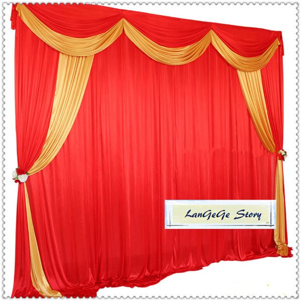 

Free shipping/nice Red wedding background with Gold drapes for party/wedding/Festive /10ft*10ft/other size can customized