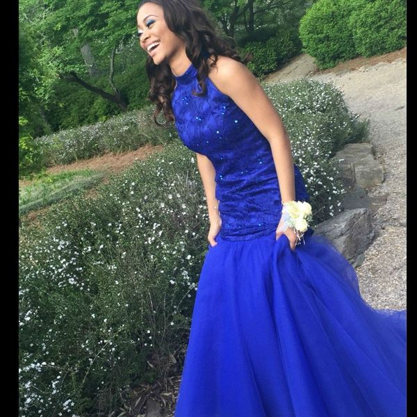 

2016 new royal blue mermaid evening dresses wear lace appliques beads high neck tulle hollow back long 2k16 plus size formal party gowns, Black;red
