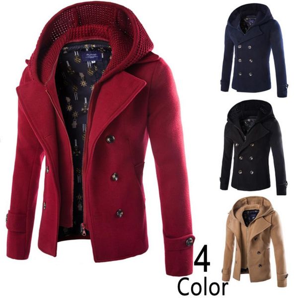 

wool blends trench coat fake two piece men long sleeve double breasted turn down collar detachable hooded slim man trench coat ship, Black