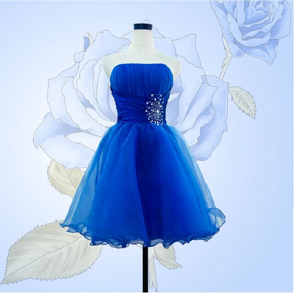 Perlenbesetztes trägerloses kurzes Brautjungfernkleid aus Tüll mit Schnürung, Ballkleid, Partykleid, knielanges Ballkleid