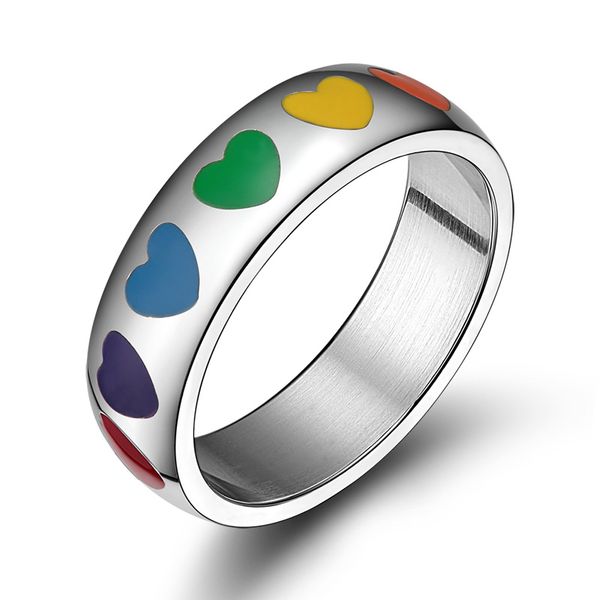 

wholesale- meaeguet resin heart ring rainbow wedding rings for women fashion 316 stainless steel jewelry wedding bands, Golden;silver