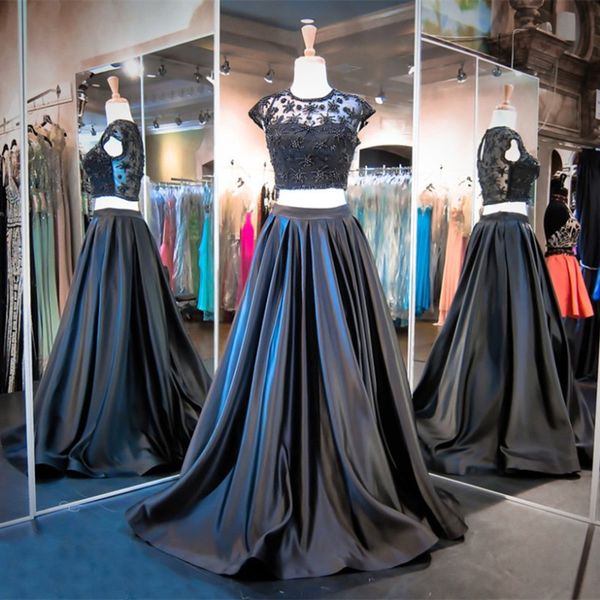 

2 pieces black prom dresses cap sleeve jewel neck pearls tulle satin a line floor length party gowns custom made
