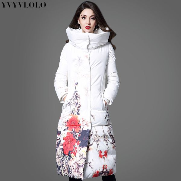 

wholesale- 2017 international brand flower printing women winter jacket long slim women parka coat white high collar warm down jackets, Black