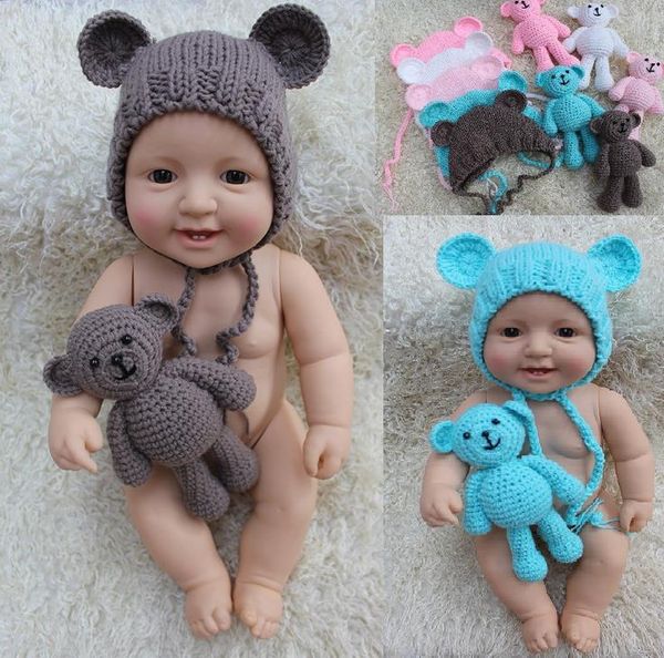 Accesorios de fotografía para recién nacido, bebé, niña y niño, foto de ganchillo, disfraz tejido, oso de juguete + conjunto de sombrero M117
