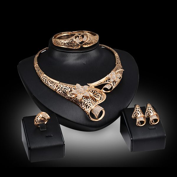 

earrings necklaces bangles rings fashion luxury rhinestone flowers 18k gold plated geometric hollow out party jewelry 4-piece set js029, Slivery;golden