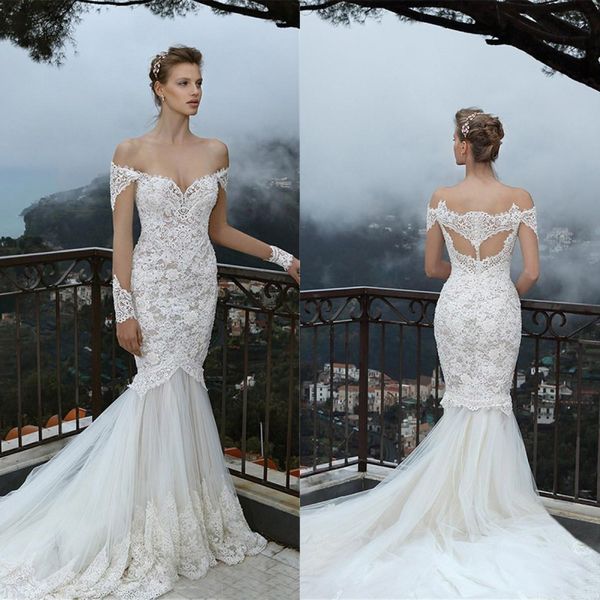 

fabulous mermaid wedding dresses off the shoulder illusion appliqued long sleeves lace tulle bridal gowns custom made high quality, White