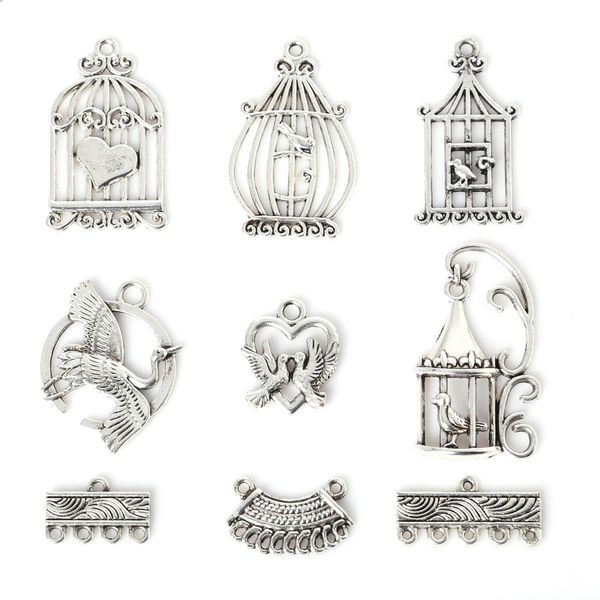 

new 2016 new 67pcs zinc alloy bird cage pendants charm mixed antique silver plated charms metal jewelry findings for diy maki, Bronze;silver