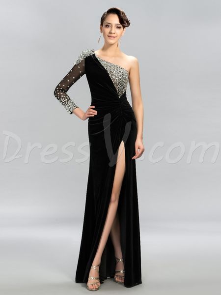 

2019 Mermaid Black Long Evening Dress Satin Floor Length One Shoulder Long Sleeves Beaded Split-Front Party Prom Dress Robe de soiree