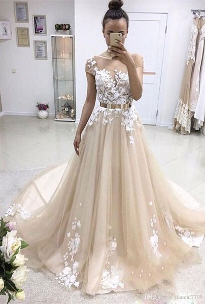 

2018 light champange white applique wedding dresses with appliques short sleeve sash country wedding gowns sheer jewel neck vestido de novia