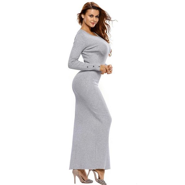 Women Sweaters Maxi Dresses For Winter Casual Knitted Long Sleeve Sweater Dress With O Neck Fashion Buttons Female Long Clothes Gray Khaki Graduation