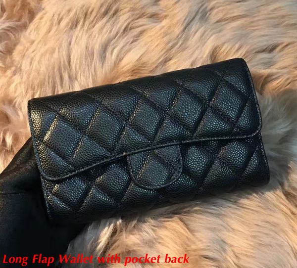 

2018 Women's Classic Black Caviar Flap Wallet Female Genuine Leather Long Clutch wallet Card Holder coin pouch