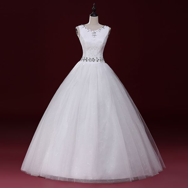 

bateau neck lace tulle wedding dress with crystal 2016 bridal gowns lace up wedding gowns, White