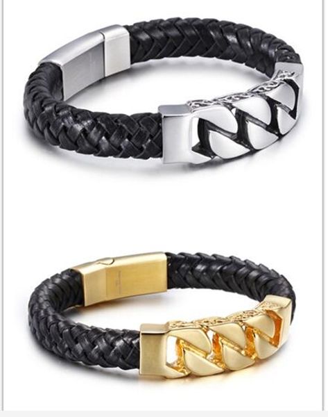 

mens jewelry gift 316l stainless steel vintage cuban curb link chain bracelet with genuine leather wirstband bangle, Black