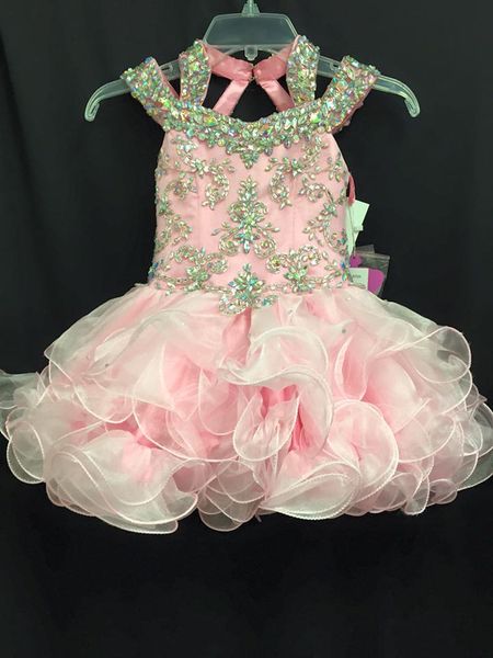 2016 Rosa Infantil Pageant Vestidos com Tiras de Contas e Saias Em Camadas Real Imagens Cristais Strass Organza Cupcake Meninas Pageant Vestidos