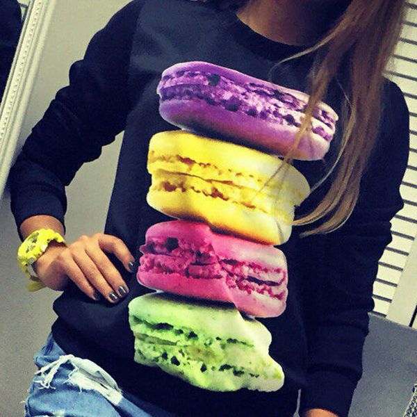 

wholesale- new women spring autumn fashion long sleeve sweet cute cookies printed 3d tshirt female black slim fit