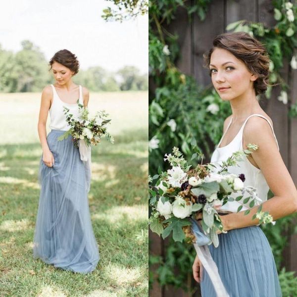 

vintage two tone bridesmaid dresses country wedding maid of honor dresses scoop neck a line white and dusty blue tulle long formal gowns, White;pink