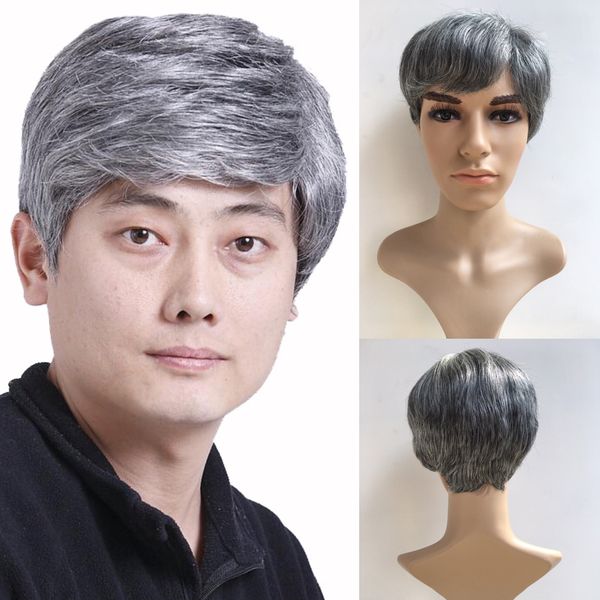 

fashion men handsome short hair gray wig synthetic hair wigs for men heat resistant african american full wig in stock, Black
