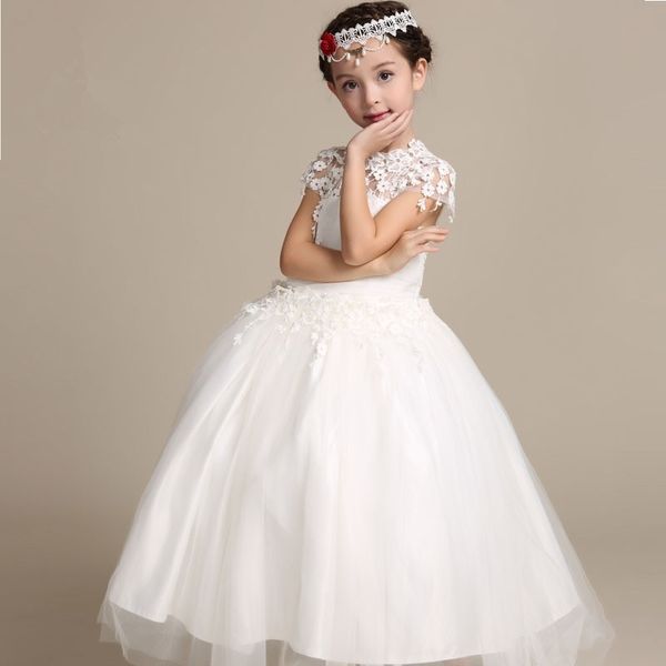 

elegant flower girl dress long lace princess dresses kids white dress for girl wedding party vestido baby baptism dresses, White;blue