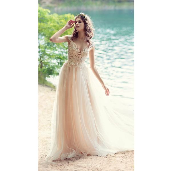 

bohemian beach wedding dresses sweetheart backless cap sleeve appliques lace boho bridal gowns vestido de novia, White