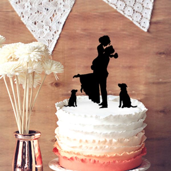 

Г-Н И Г-жа торт декор, уникальный свадебный торт цилиндр жених и невеста силуэт с 2 собаками