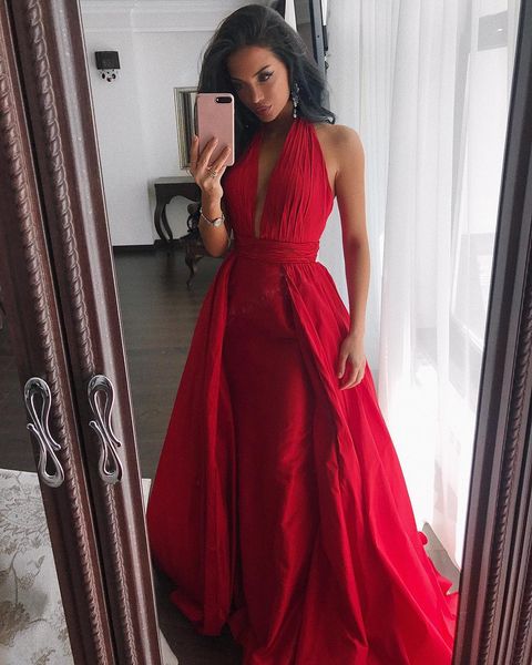 

ruched halter red satin evening dresses long prom party gowns new custom made, Black;red