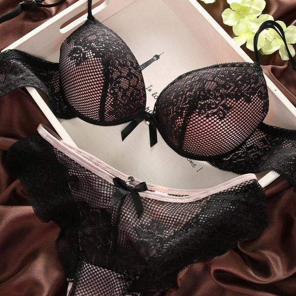 

wholesale-solid color women ladies lace bra outfits embroidery cotton push up bra+briefs set, Red;black