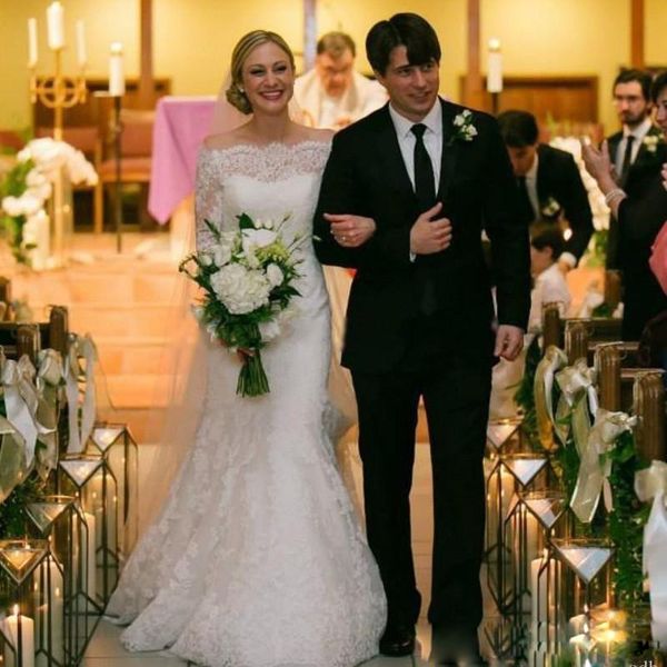 

New Off The Shoulder Lace A-line Boat Neck Wedding Dresses 2019 Half Sleeve Court Train Bridal Gown Vestidos De Novia Custom Made