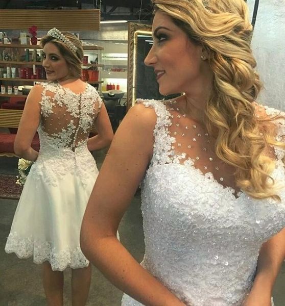 Sexy Kurze Brautkleider Plus Size Spitze Applique Perlen Sheer Zurück Brautkleider Knielangen Hochzeit Formale Kleider Nach Maß