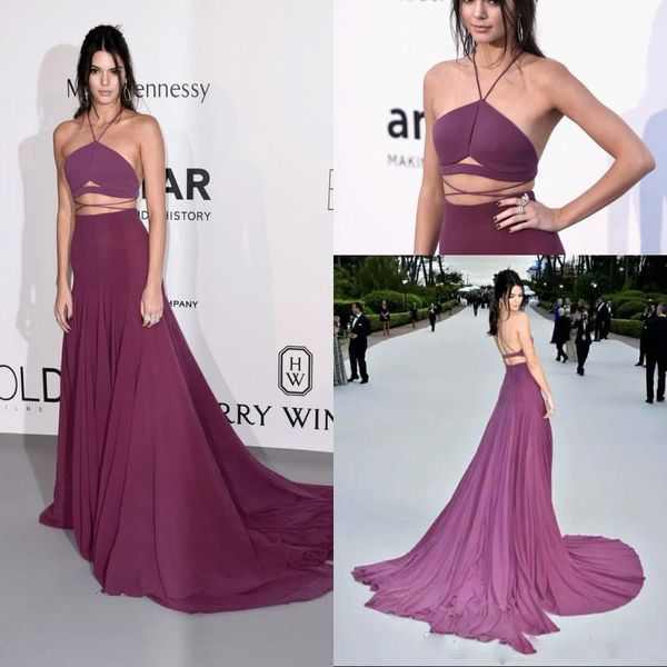 2016 Kendall Jenner Sexy Grape Spaghetti Zweiteilige rückenfreie Abendkleider Sweep Zug A-Linie Formale Promi-Kleider für den roten Teppich