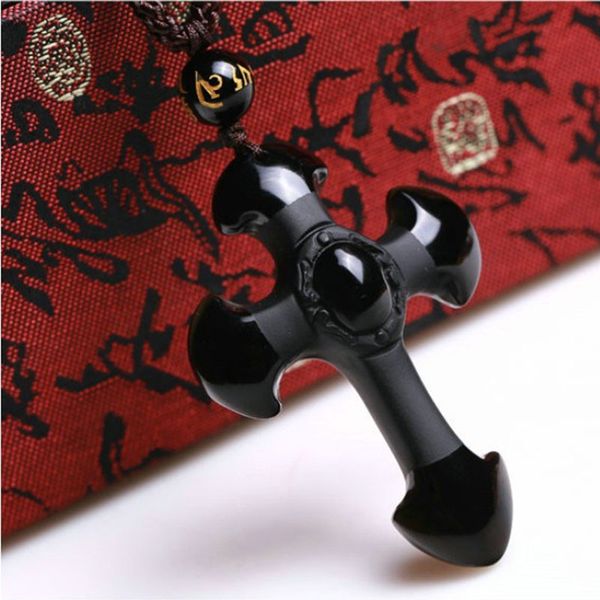 

dj jewelry natural black obsidian carving crosses lucky amulet pendant necklace for women men pendants jewelry, Silver